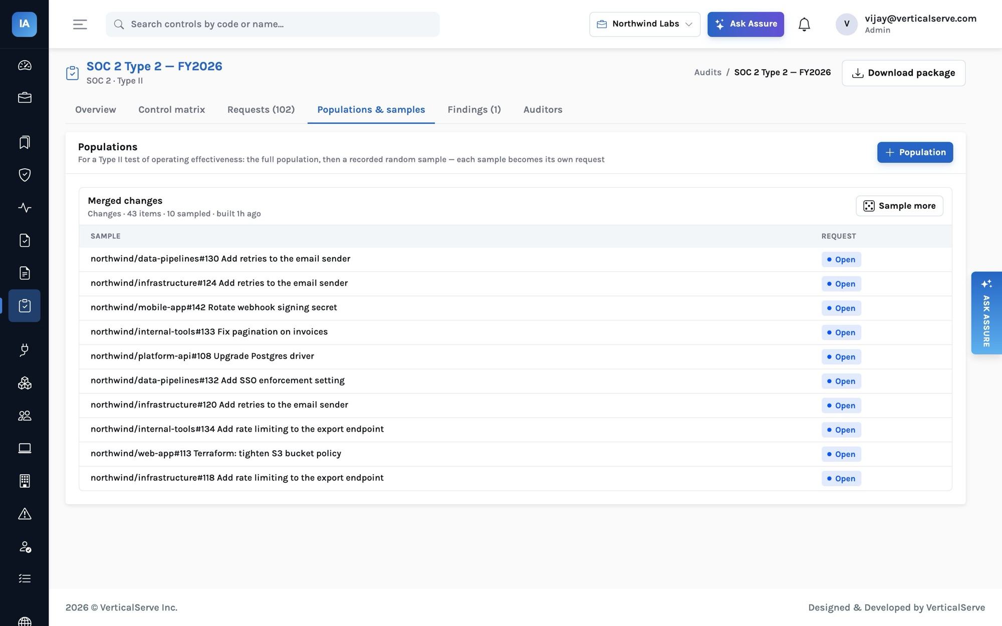Populations & samples: the &lsquo;Merged changes&rsquo; population of 43 items with 10 sampled (northwind/data-pipelines#130, northwind/infrastructure#124, northwind/mobile-app#142, northwind/internal-tools#133&hellip;), each sample with its own open request.