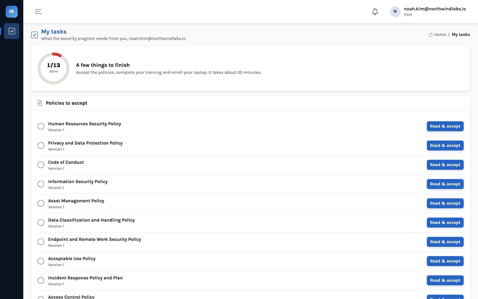 Employee portal ‘My tasks’ for noah.kim@northwindlabs.io: 1 of 13 done, ‘A few things to finish’, and Policies to accept with a Read & accept button per policy.