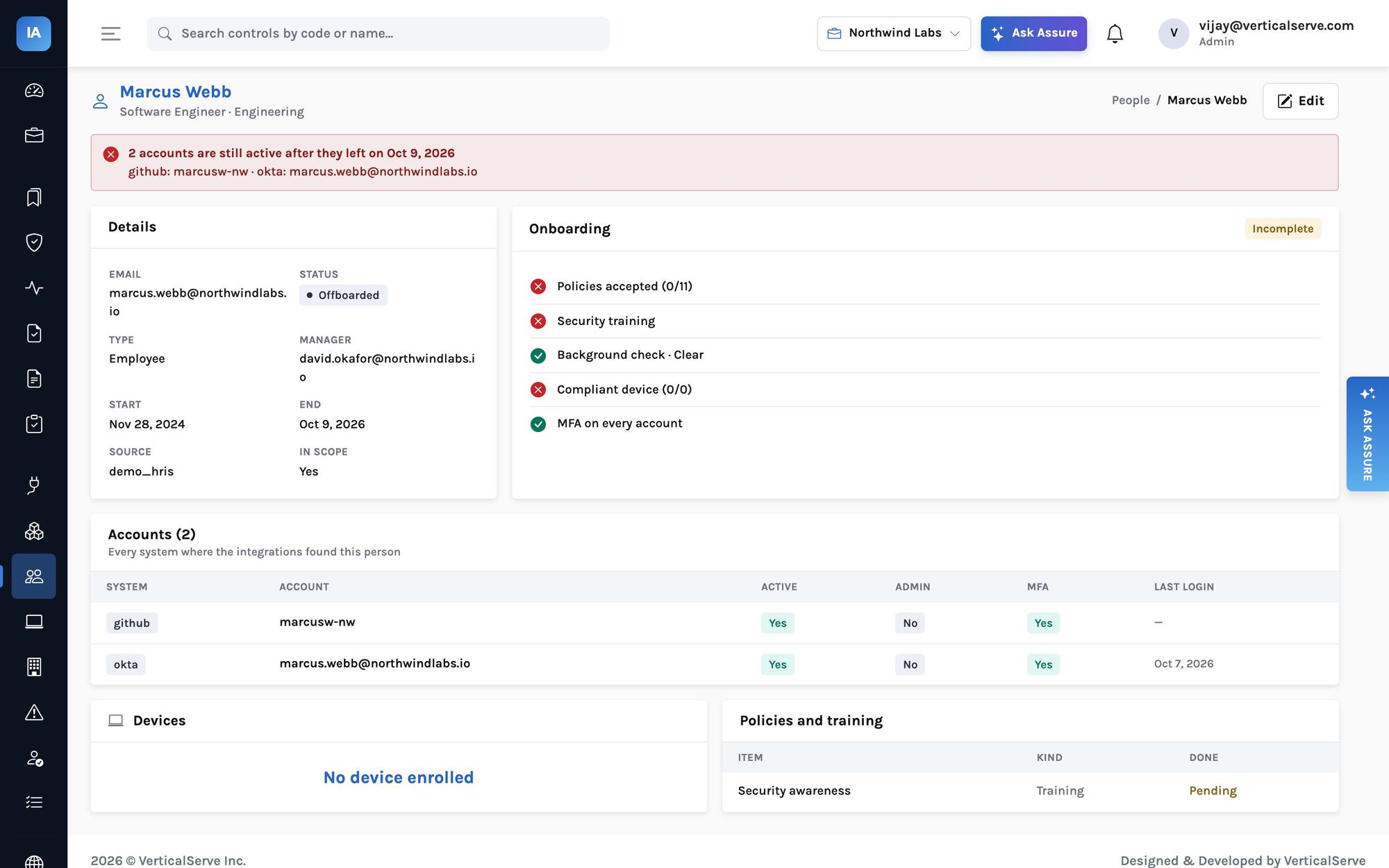 Marcus Webb’s page: a red banner ‘2 accounts are still active after they left on Oct 9, 2026 — github: marcusw-nw · okta: marcus.webb@northwindlabs.io’, his details and an Accounts table with both accounts still active.