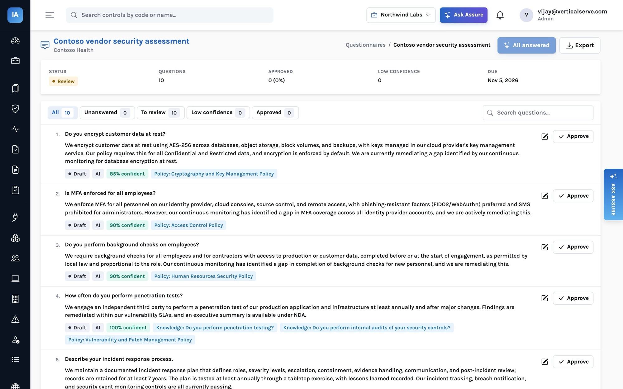 Questionnaire &lsquo;Contoso vendor security assessment&rsquo; for Contoso Health: 10 questions, all answered by AI with confidence and cited sources, such as &lsquo;Do you encrypt customer data at rest?&rsquo; and &lsquo;Is MFA enforced for all employees?&rsquo;, whose answers say a gap found by continuous monitoring is being remediated.